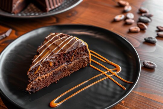 A moist slice of homemade chocolate cake topped with a drizzle of caramel, placed on a modern, sleek black plate. The table features a minimalist setting with a few cocoa beans scattered around. - Powered by Adobe