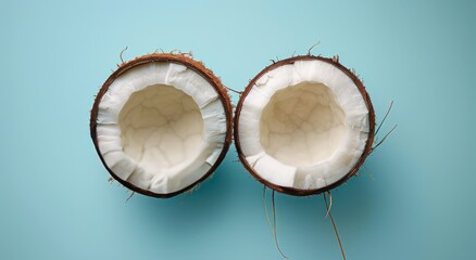 Two Halves of a Coconut on Yellow Background