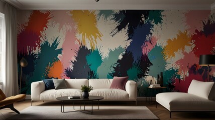 a modern living room with colorful wall and furniture, wallpaper, sofa and table