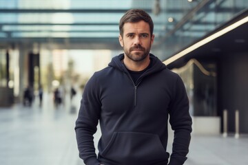 Obraz premium Portrait of a content man in his 30s dressed in a comfy fleece pullover over sophisticated corporate office background