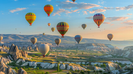 Fototapeta premium Landscape Photography, numerous hot air balloons floating over a rocky landscape, wide angle, natural light, colorful balloons against a clear sky, Cappadocia location, sunny weather, serene mood.