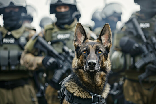 A German Shepherd police dog stands alert in front of armed officers, embodying loyalty, bravery, and readiness in a tense environment.