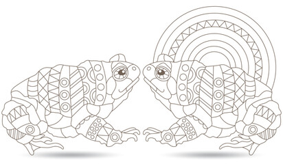 Set of contour illustrations in the style of stained glass with toads , dark contours on a white background