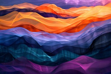 A colorful, layered paper art abstract depiction of the Grand Canyon in sunset colors
