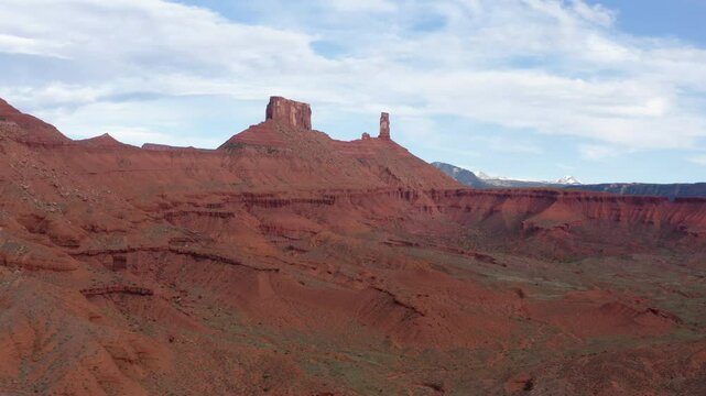 Large Natural rock formation, Parriot Mesa, in Utah desert, Moab. Aerial forwards shot
