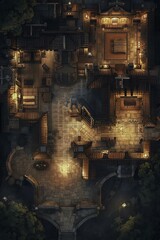 DnD Battlemap Top down aerial view of a cityscape with streets and buildings.