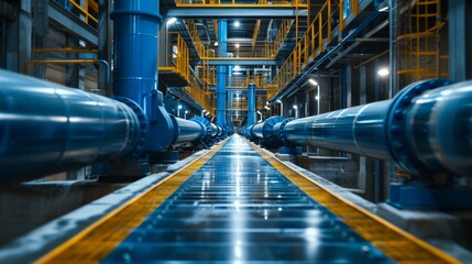 Complex Blue Water Pipes System in Modern Industrial Power Plant Interior with Various Small and Large Pipes, Air Mixers, and Tubes Housings