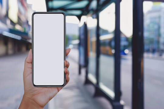 A hand displays a blank smartphone screen at an open bus stop, reflecting the blend of technology and urban transport.