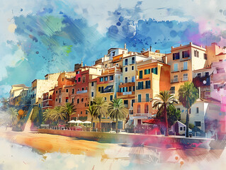Digital watercolor painting of Villajoyosa town Oil color painting. Generative AI.