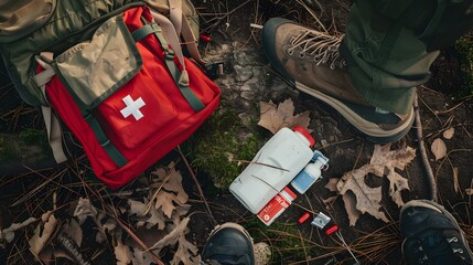 Obraz premium Top view of a first aid kit lying on the ground at the feet, showing a red bag of medicines as part of camping equipment for forest survival 