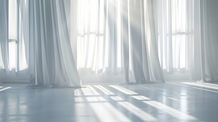 the first beautiful morning sunlight filters through the curtains in a modern white apartment, for interior design decoration, product background 3D