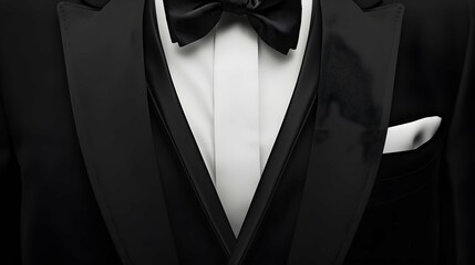 Template a men's black smoking suit with a necktie, blank background for VIP parties, weddings, or fashion and corporate events. Depicts a tuxedo with a black bow and a white shirt