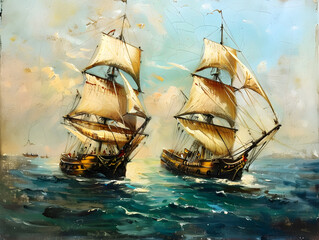 Fight of two military sailing ships at sea Oil color painting. Generative AI.