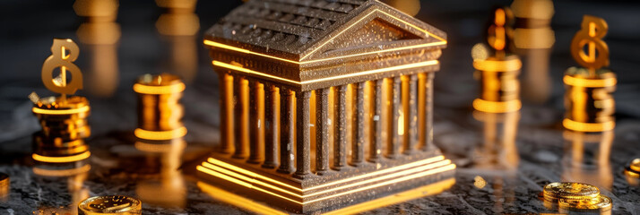 A golden bank building surrounded by various currency symbols, symbolizing global finance and investment
