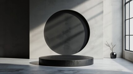 Minimalist Concrete Room with Black Pedestal.