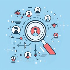 Fototapeta premium Magnifying glass people icons network connections search concept, Abstract group avatars and social interaction illustration
