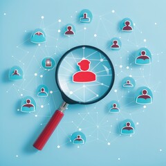 Obraz premium Magnifying Glass on Person Network, Concept of Human Resource Management, Employee Search, Recruitment Illustration