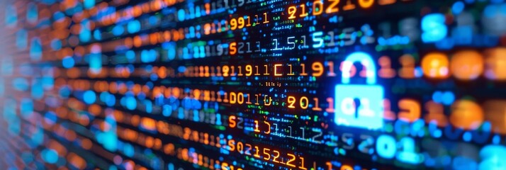 Close-up of a computer screen displaying colorful digital data with a focus on a padlock icon, symbolizing cybersecurity