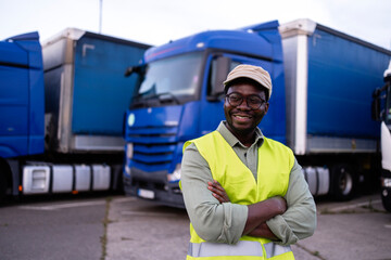 Portrait of professional driver in reflective clothing standing in front of truck vehicle.
