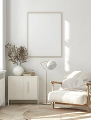 poster frame mock-up in home interior background, beautiful living room open space
