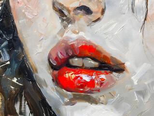 Fragment of a portrait of a young beautiful girl with red lips Oil color painting. Generative AI.