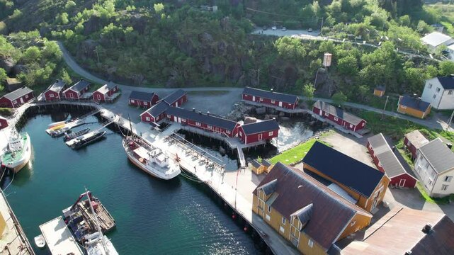 Flying Over Nusfjord: A Dreamy Fishing Village in Spring, Lofoten Islands, Norway.