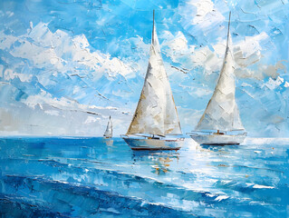 Fragment of oil painting on canvas depicting sailing boats over water oil painting on canvas Oil color painting. Generative AI.