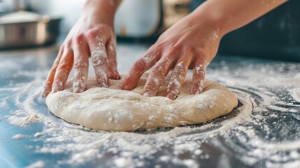 Pizza Process Dough Preparation Close-up shots of the hands kneading and stretching pizza dough on a floured surface, emphasizing the tactile and hands-on nature of the process 