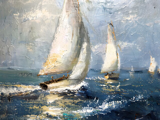 Fragment of oil painting on canvas depicting sailing boats over water oil painting on canvas Oil color painting. Generative AI.