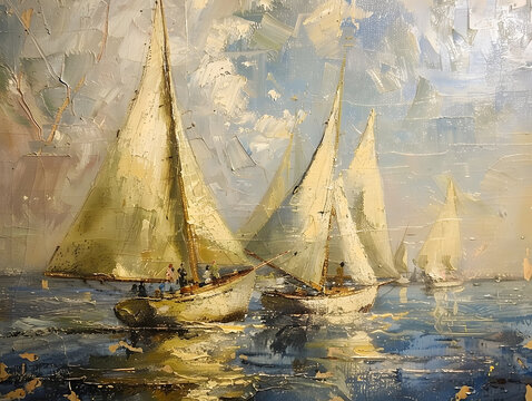 Fragment of oil painting on canvas depicting sailing boats over water oil painting on canvas Oil color painting. Generative AI.