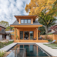Fototapeta premium tiny two floor timber frame house with single front doors and terrace with korean theme design with pool