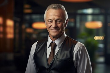 Portrait of a smiling man in his 70s dressed in a water-resistant gilet isolated on sophisticated corporate office background