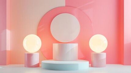 Minimalist Pink and Blue Product Display Platform with Soft Lighting.