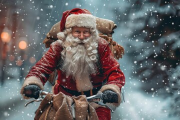 A festive Santa Claus rides a vintage bicycle loaded with gift sacks in a snowy setting