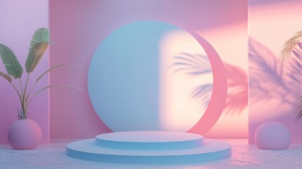 Minimalist Product Display with Pastel Colors and Palm Leaf Shadows.