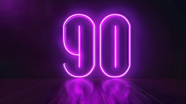 number 90 purple color 3D neon glowing lines on dark background