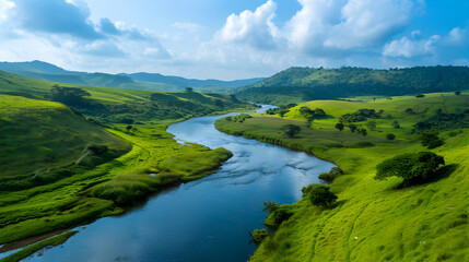 Aerial View: Meandering River in a Serene Valley  background 