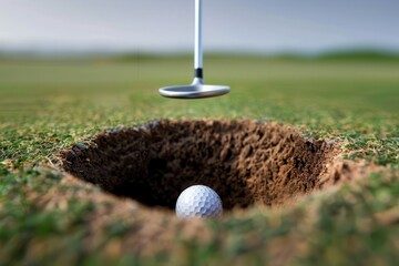 A view of a golf ball on the green lined up with the hole, putter head in sight, ready for the shot