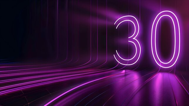 number 30 purple color 3D neon glowing lines on dark background