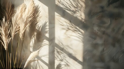 neutral pampas grass with beautiful sunlight shades and shadows on the wall