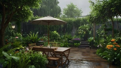 Obraz premium Garden atmosphere raining. Realistic landscape