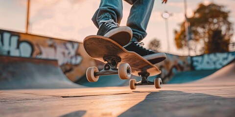 Extreme sport enthusiast skateboarding in urban setting, youthful and dynamic.