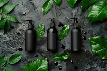 Mens skincare products in black bottles with green leaves. Premium packaging design.