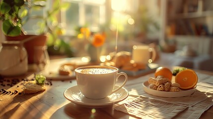 Fototapeta premium Close-up of a coffee cup on a breakfast table, blurred morning light and breakfast spread