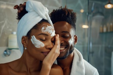African American couple bond through skincare routine  showing love.