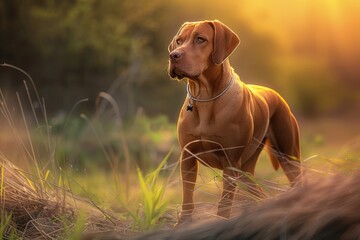 Golden Hour Dog, Beautiful Dog in Nature, Dog in Sunlight, Scenic Dog Photography, Dog Portrait Outdoors, Majestic Dog in Field