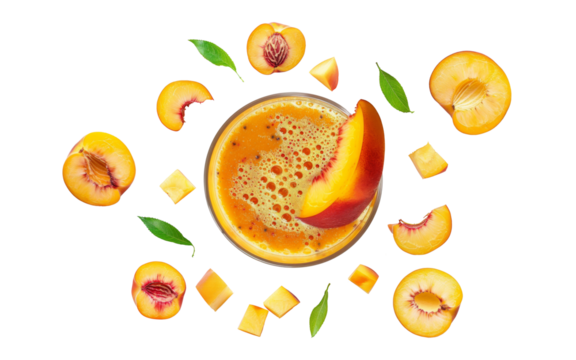 Top view Peach fruit smoothie juice in glass surround with pieces of peach and green leaves isolated on background.