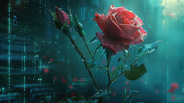 Digital rose art with droplets, Futuristic digital backdrop, Neon colors and roses, Artificial intelligence influence