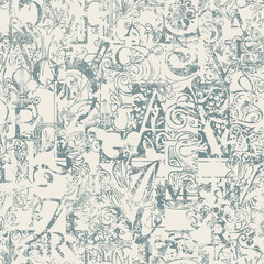Fototapeta premium Abstract seamless pattern with chaotic layering of vintage letter elements floral ornament. Vector grunge background art in creative modern design