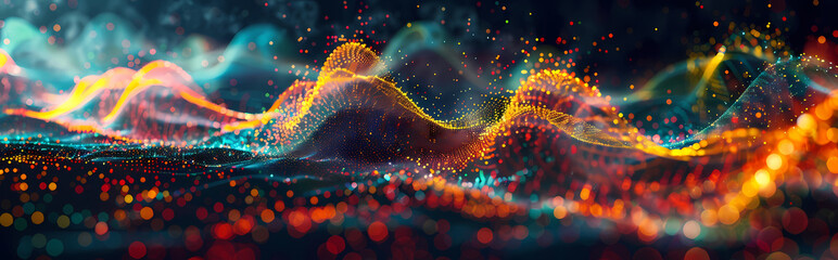 Vibrant 3d sound waves in abstract colorful motion on dark background - dynamic data visualization and abstract points graph - digital art illustration for multimedia and technology